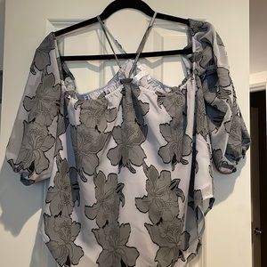 Leith - size small off shoulder top. Light blue - black print
